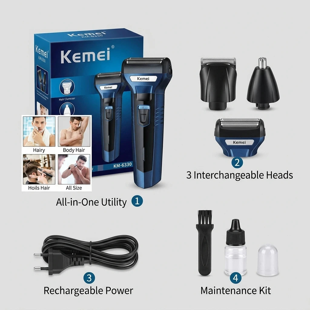 Kemei 3-in-1 Rechargeable Grooming Kit: Professional Shaver & Trimmer for Perfect Look