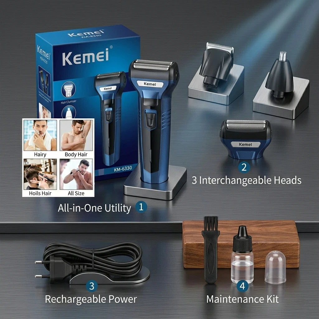 Kemei 3-in-1 Rechargeable Grooming Kit: Professional Shaver & Trimmer for Perfect Look